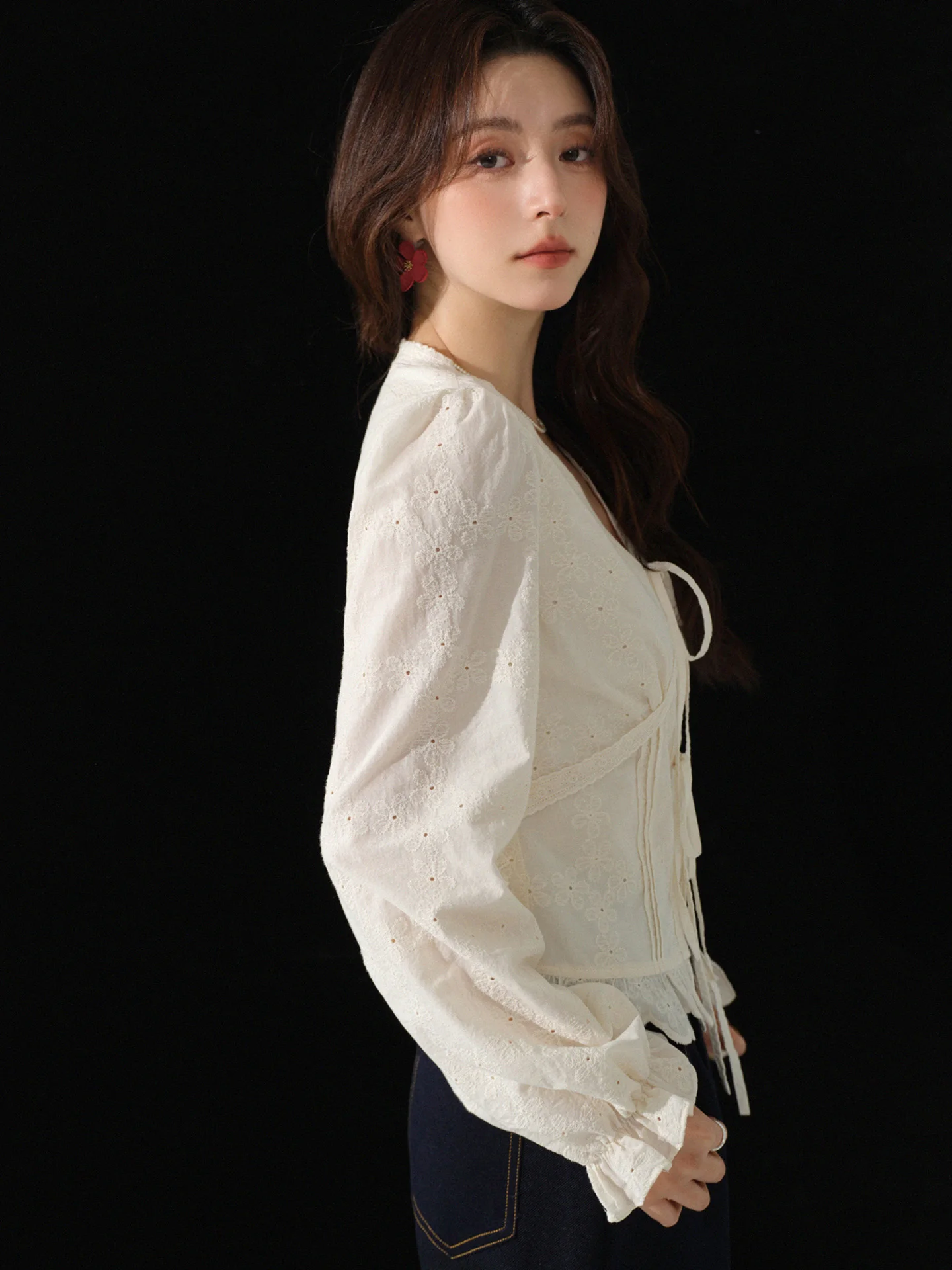 Vintage Elegant Cotton Blouse Women V Neck Embroidered Ruffle Shirt Hollow Out Top with Long Sleeves and Feminine Retro Design