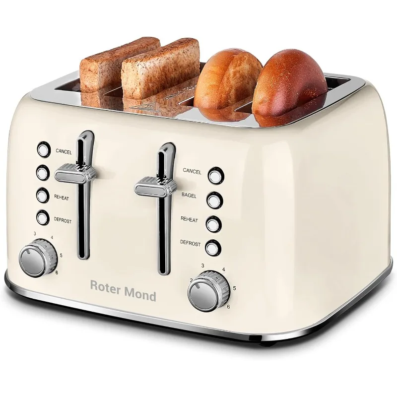 

4 Slice Stainless Steel Toaster,Defrost,Reheat Function, Dual Independent Control Panel, Removable Crumb Tray, 6 Browning Levels