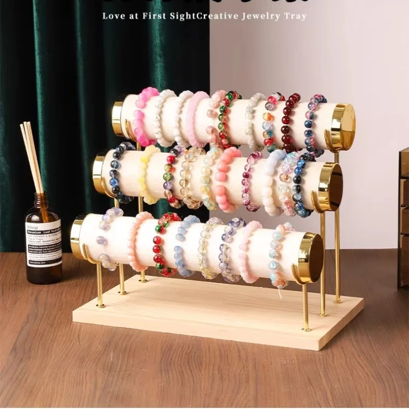 Gold Wooden Multi-layer Jewelry Display Stand Watch Bracelet Necklace Holder Counter Top Accessory Storage Rack European Style