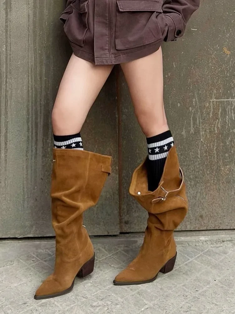 

Pointed Toe Wide-Barrel Western Cowboy Boots Vintage Style High Heel Knight Botines Suede Leather Women Botas Femininas