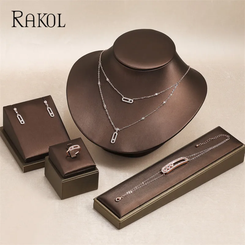 RAKOL Double Layer Geometric Paper Clip Pendant Necklace Earrings For Women Fashion Zircon Ring Bracelet Party Jewelry Set Gifts