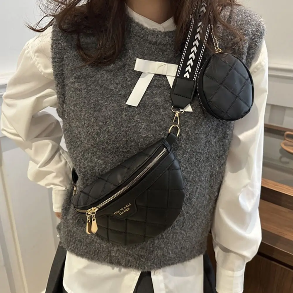 Elegant PU Leather Crossbody Chest Bag Stylish Chain Zipper Woven Lattice Pattern Fanny Pack Wide Strap Shoulder Bag For Women view 3