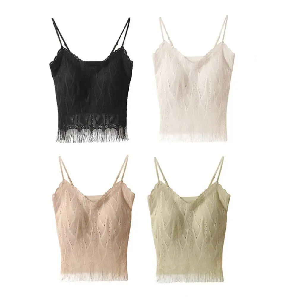 Camisola ajustada de malla de encaje con borlas, Top corto de encaje sin costuras sin mangas, chaleco con tirantes finos en V profundo con almohadillas para primavera y verano