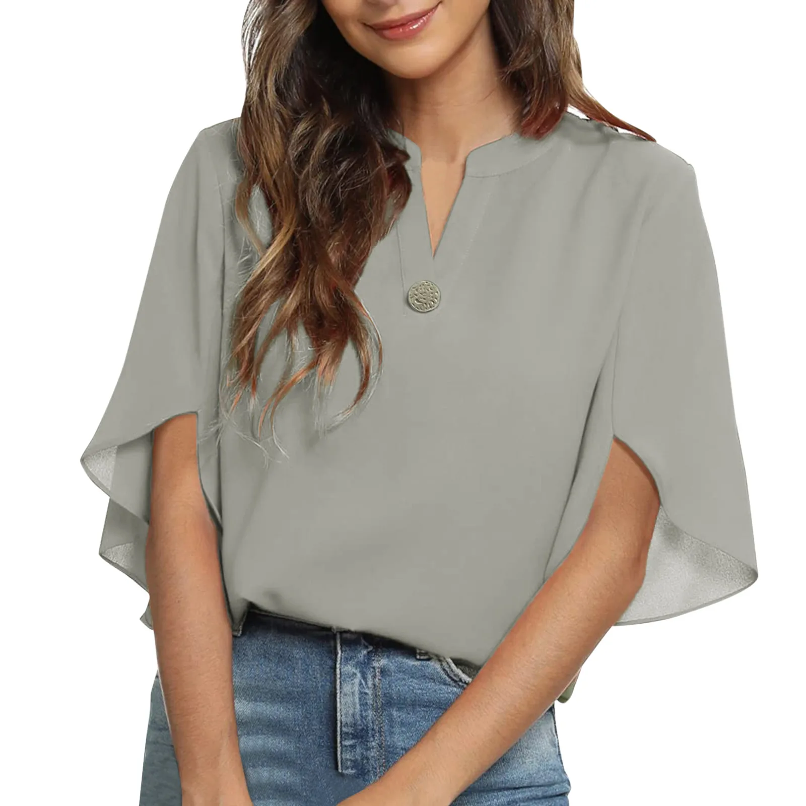 Elegant  Chiffon  Blouse Women V-neck Shirt solid Color Female's Blouse Bat Sleeves Shirts And Blouses Vacation Casual Blusas