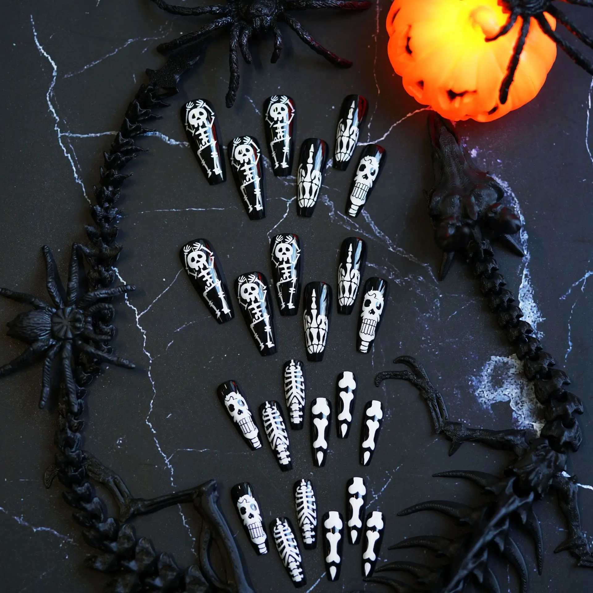 24pcs White Skull Press on Nails Black Long Ballet Halloween Fake Nail Patch Full Cover Wearable Ghost Skull False Nail Tips