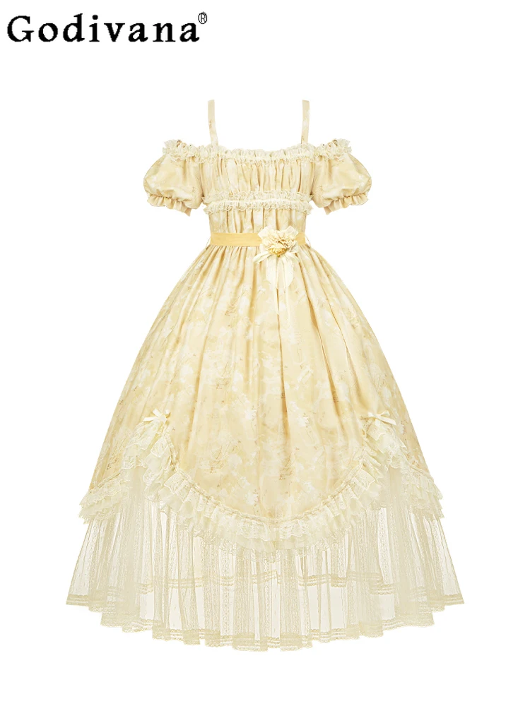

Elegant Lolita Square Neck Short Sleeve Ruffles High Waist Fairy Dress Spring Summer Cute Girls Fashion Cake Princess Dresses