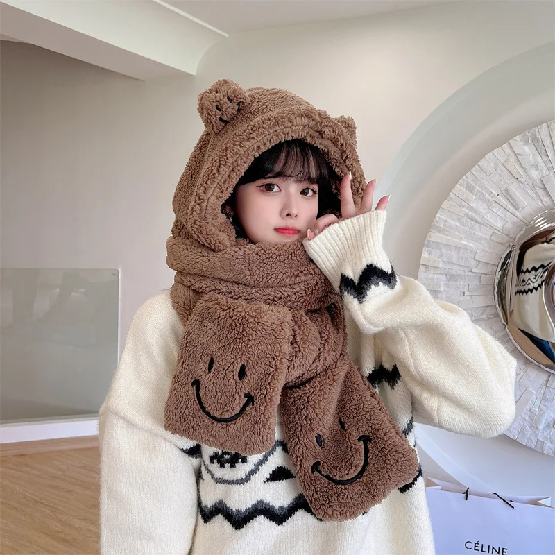 Plush Small Bear Caps Scarf Gloves All In One Women's Autumn/Winter Cartoon Smiling Face Sweet And Cute Ears Thick Keep Warm Hat