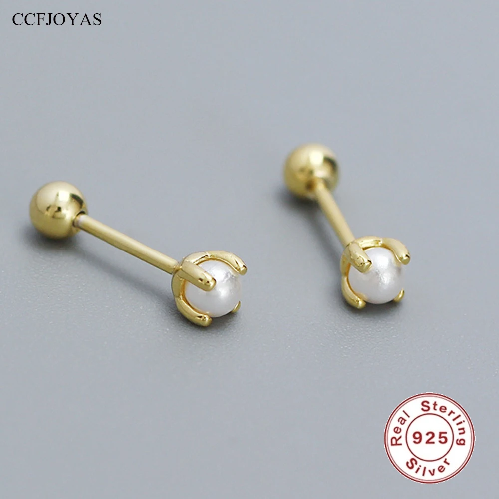 CCFJOYAS Mini Cute Pearl 925 Sterling Silver Screw Stud Earrings for Girl Simple INS Sleep without removing Earrings Jewelry