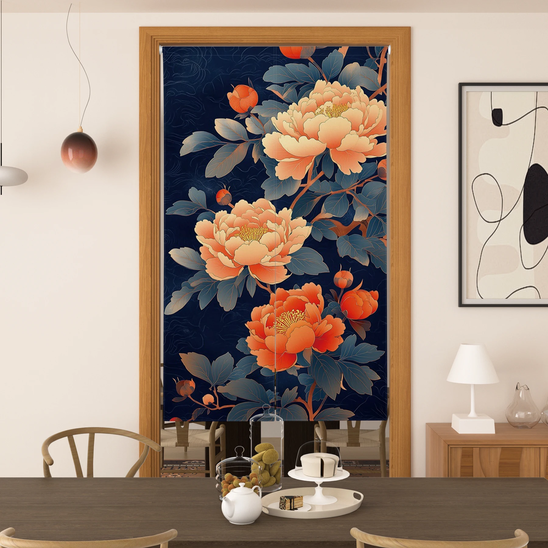 Floral Pattern Door Curtain Noren Kitchen Living Room Partition Decoration Traditional Chinese Floral Half Curtain for Doorway