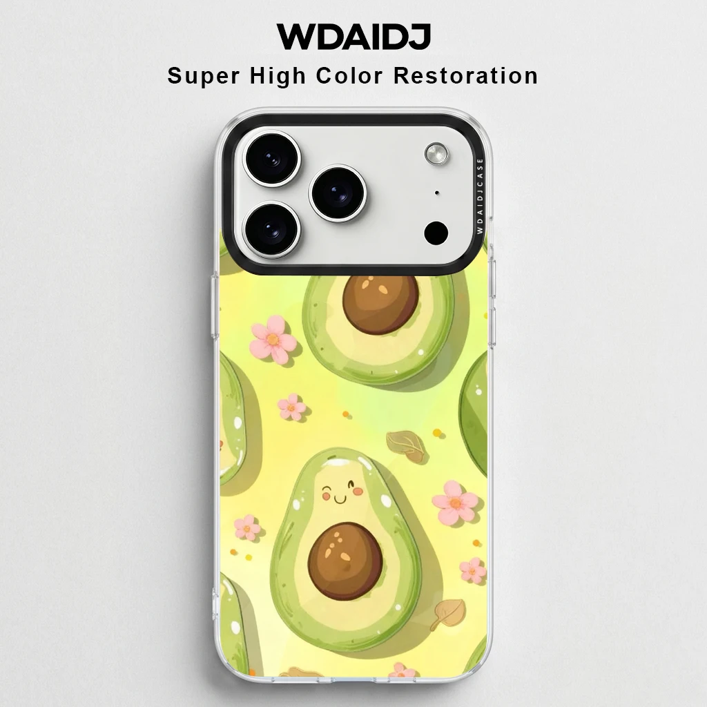 

Cute Avocado Print With Flowers On Yellow Background Phone Case For iPhone 17 16 15 14 13 Kawaii Anti Drop Clear Cover