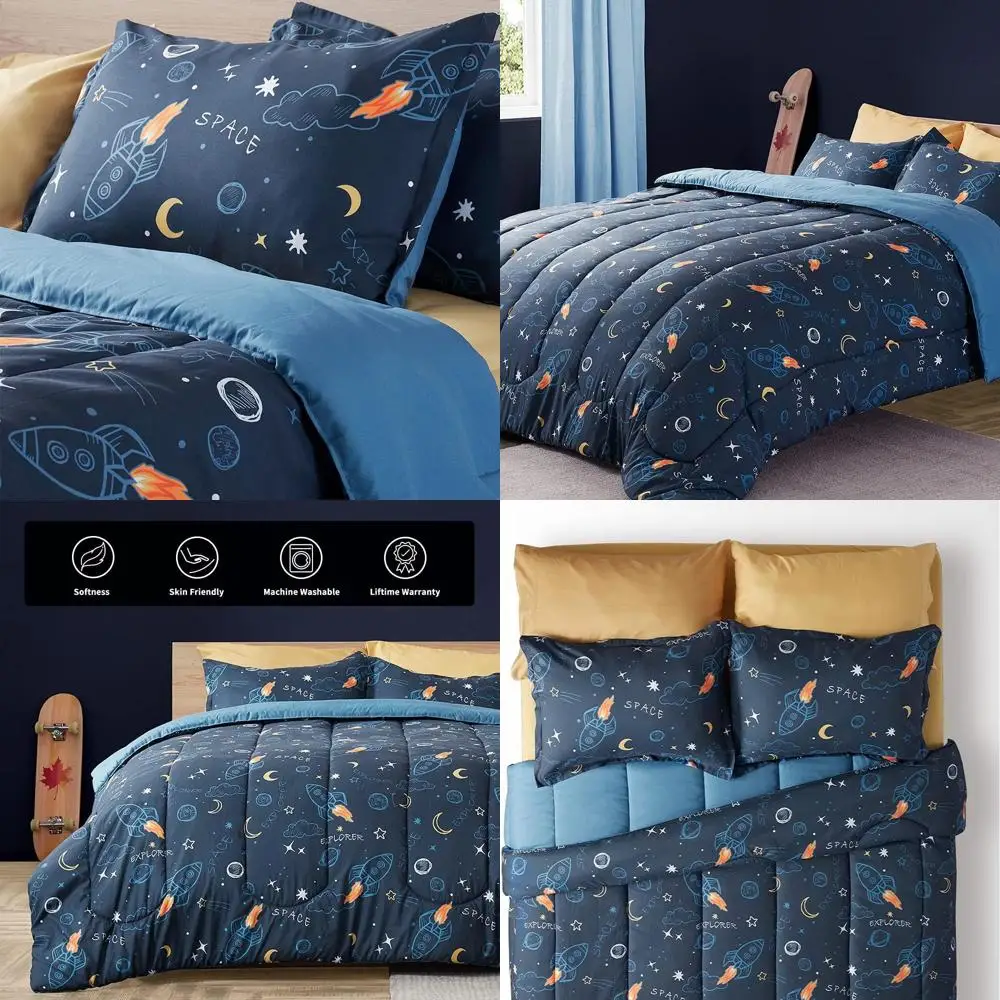 

Space Rocket 7-Piece Kids Bedding Set: Comforter, Sheets, Pillowcases, and Shams for Full/Queen Beds