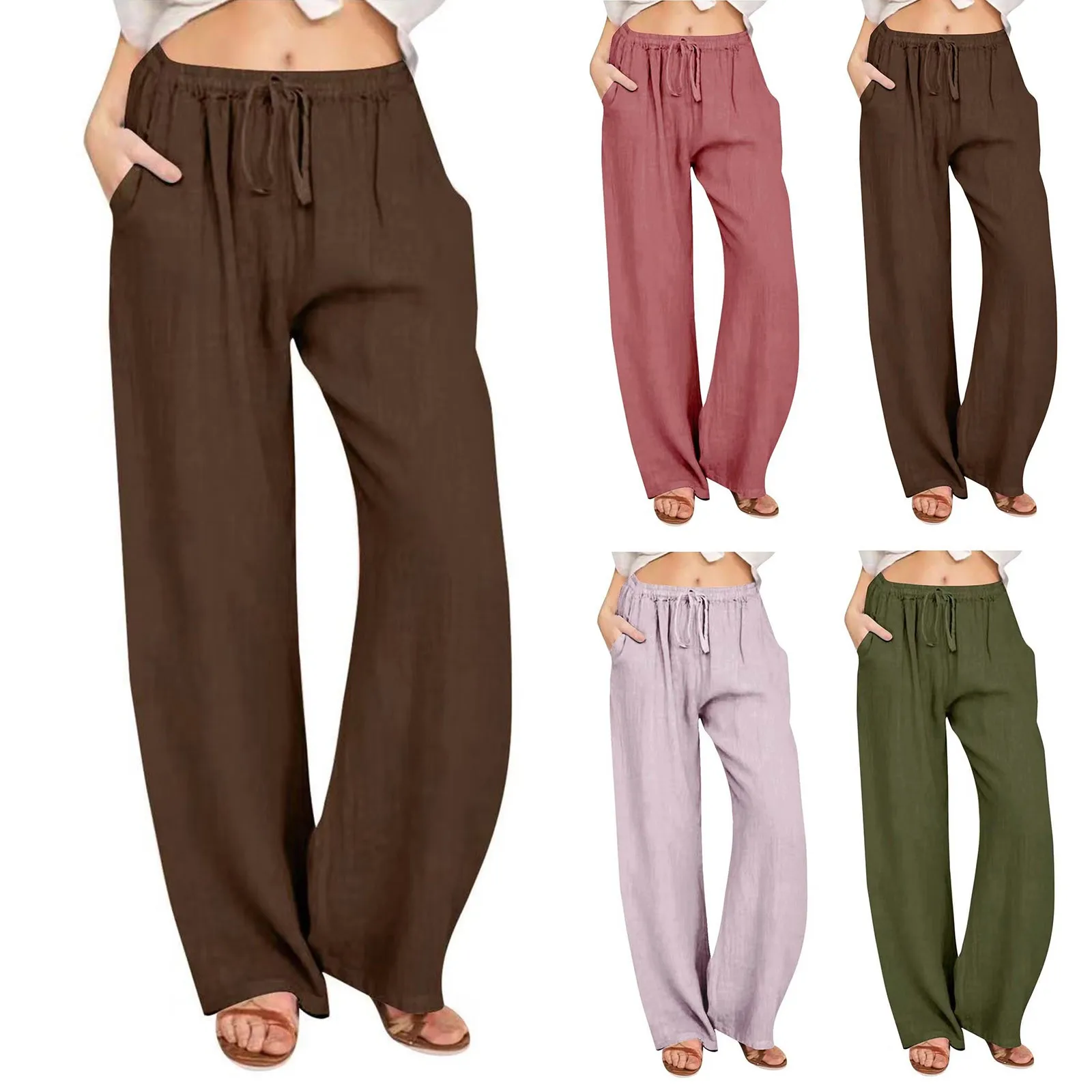 Women Summer Cotton Linen Pants Casual Comfortable Loose Elastic Waist Oversized Beach Jogger Lounge Pants Vintage Woman Clothes