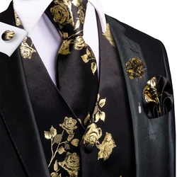 Homens de luxo ouro preto seda coletes, gravata de colete Jacquard, abotoaduras, conjunto de broche para casamento, negócios formais, oi-tie