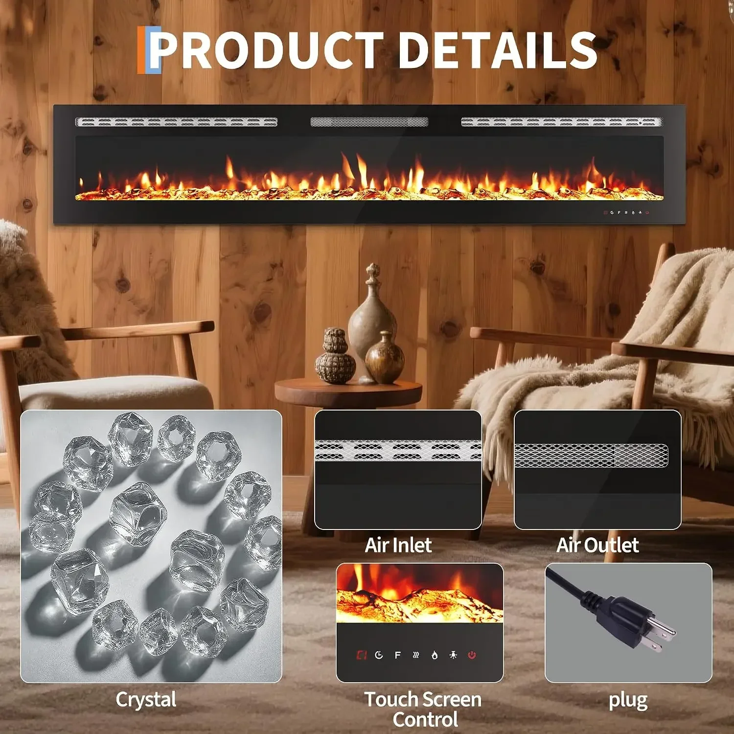 90inch Wall Mounted Electric Fireplace Heater 12 Flame Colors Large Living Space Design  Fireplace Realistic Log And Crystal Effects, 750W/1500W Heat, Remote Control, Timer, Slim Profile