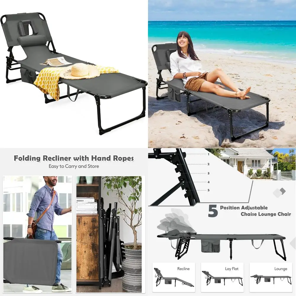 Adjustable Reclining Sunbathing Lounge Chair for Patio with Face Hole and Side Pocket, Portable Beach Chair for Tanning