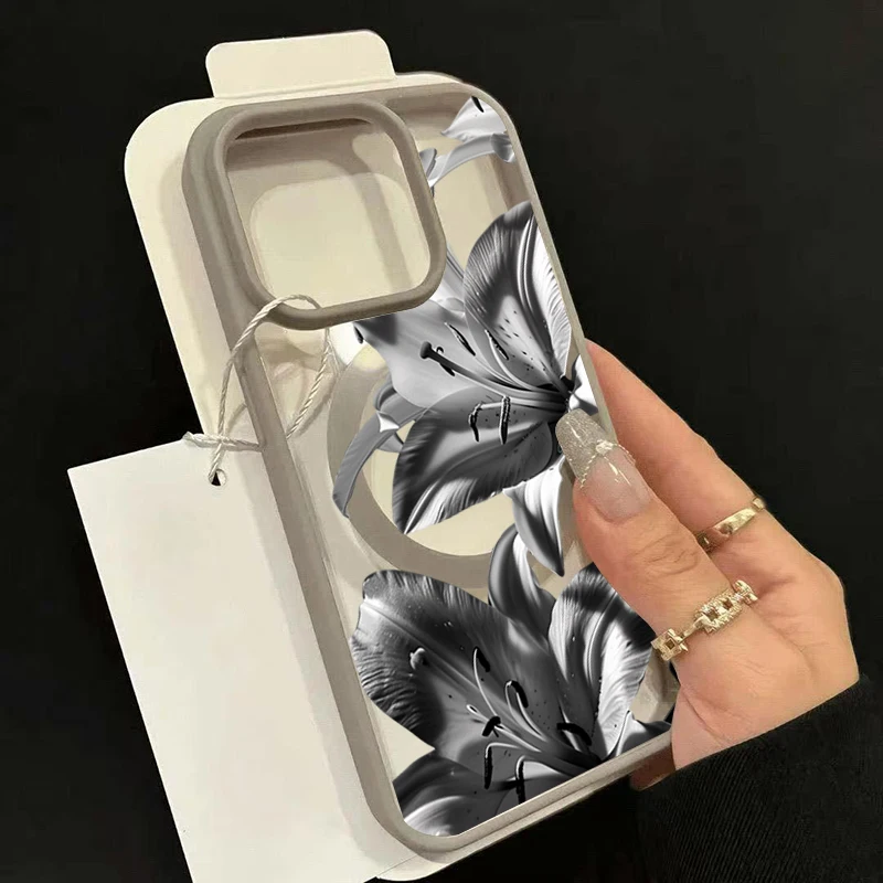 Gray-Toned Lily Flower Print Magnetic Transparent Phone Case For iPhone 17 16 15 14 13 12 Pro Max 11 16 Plus 16e 17e 17Air Cover