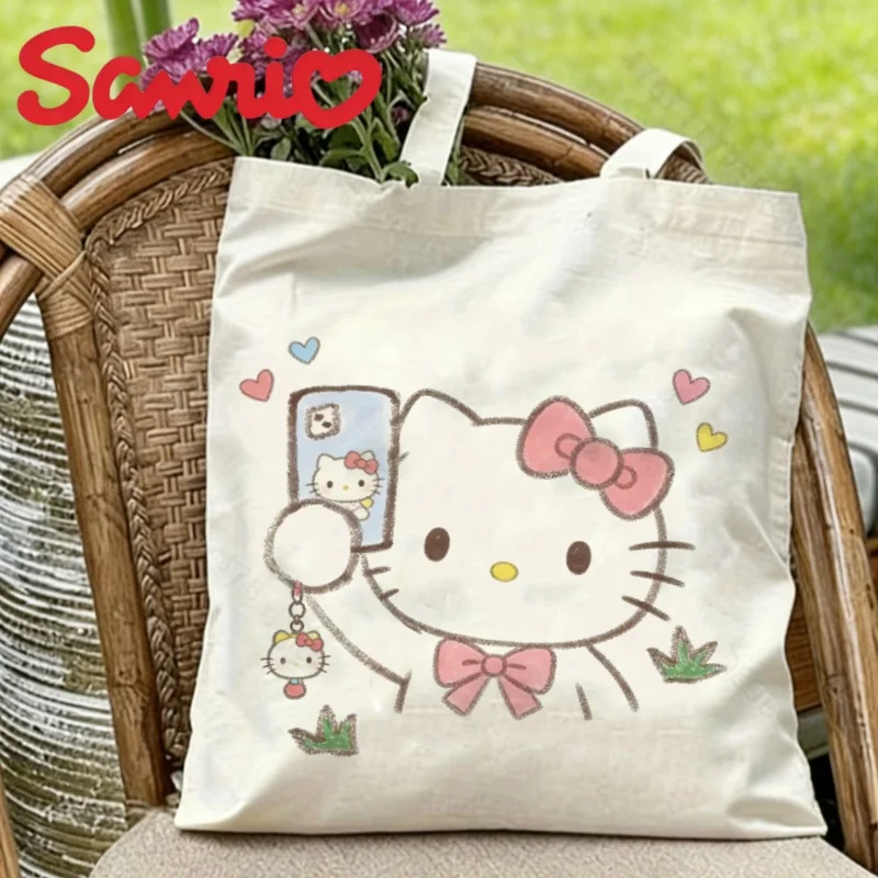 

1 шт. холщовая сумка-тоут с изображением Hello Kitty, делающей селфи с телефоном, экологичная многоразовая сумка через плечо