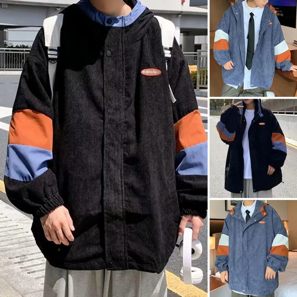 

Hooded Jacket Colorblock Hooded Zipper Closure Men's Spring Fall Coat Streetwear Casual Sport Baseball Jacket with Loose