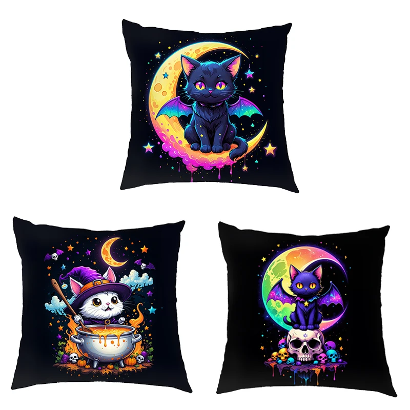 Kawaii Grim Reaper Black Cat Print Cushion Covers Pillowcase Home Sofa Bed Car Decor Throw Pillow Cover for Living Room Gift