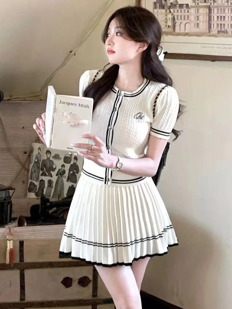 Two Pieces Sets Knitted Outfits Women Short Sleeves Top + Pleated Mini Skirt 2024 Korea Fashion Elegant Summer Casual Sweet Suit