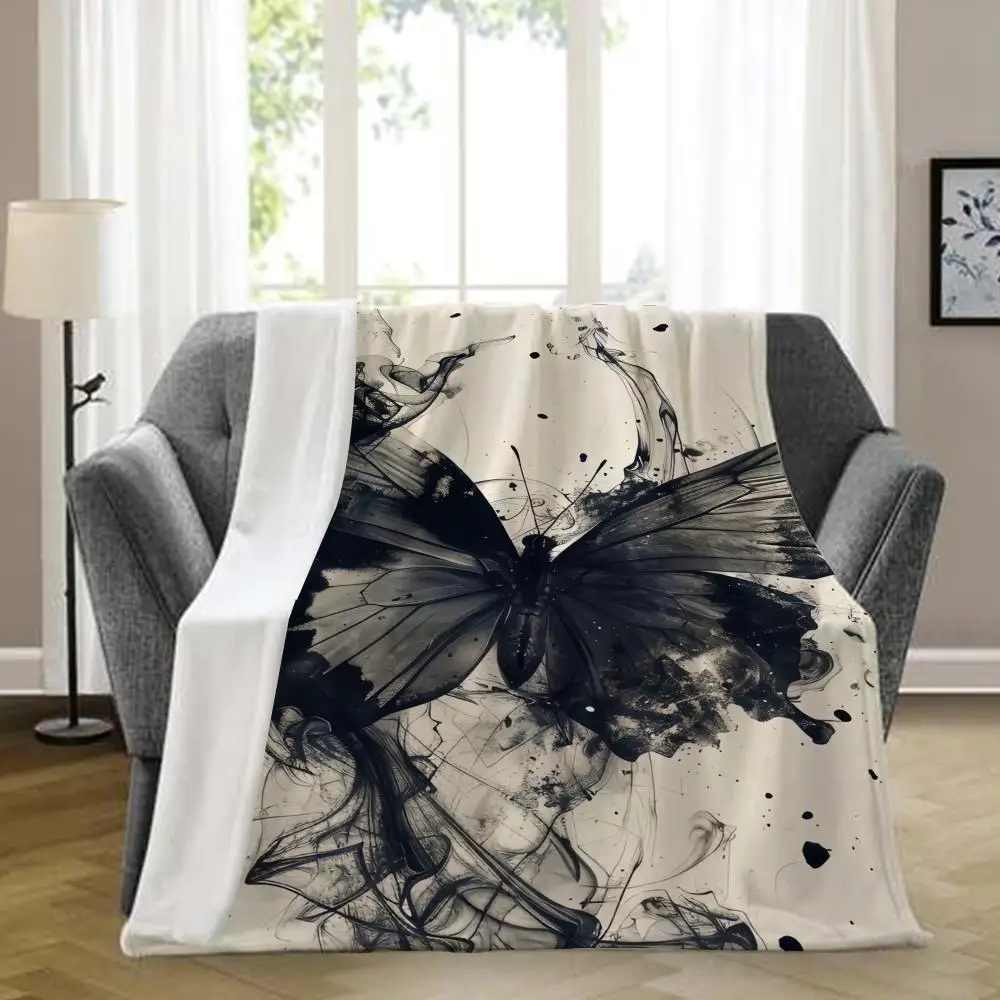 Ink Wash Black Butterfly Throw Blanket, Abstract Fluid Smoke Art Aesthetic Flannel Blanket Throw Blanket Aesthetic Portable Home