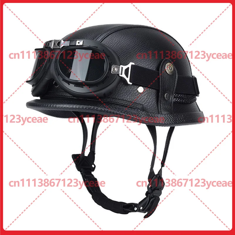 for German Style Retro Motorcycle Half Helmet Men's Cruiser Scooter Helmet Harley Style Soldier Steel Bowl Helmet Leather Shell