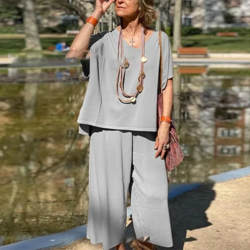 

Fashion Short Sleeve Solid 2 Piece Sets Woman Outfit 2025 Summer Loose Casual Vacation Cotton Linen Two Piece Pants Set Women