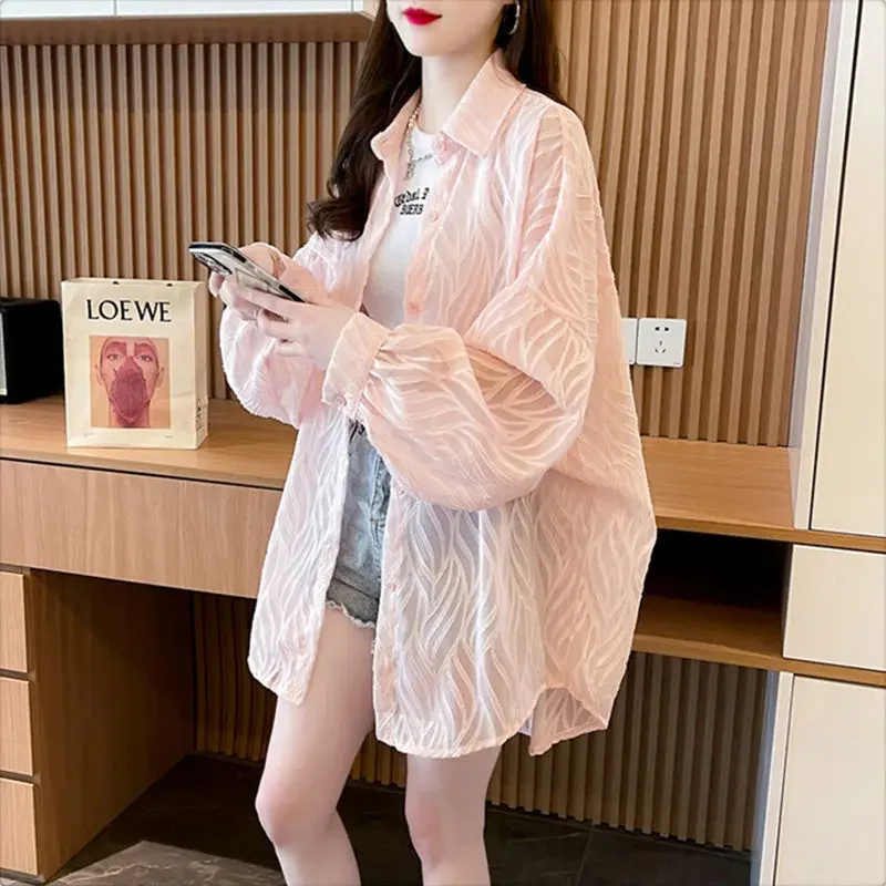 Long Sleeve Single-breasted Shirt Women Summer Lightweight Tops Sun Protection Cardigan Casual Loose Coat Home Clothes