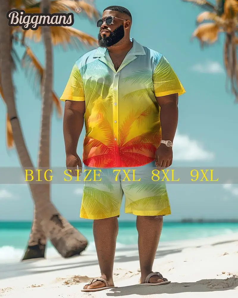 

Biggmans Shirt Plus Size Set L-9Xl for Summer Oversize Hawaii Suit Men's Gradient Coconut Tree Print Large 7XL 8XL