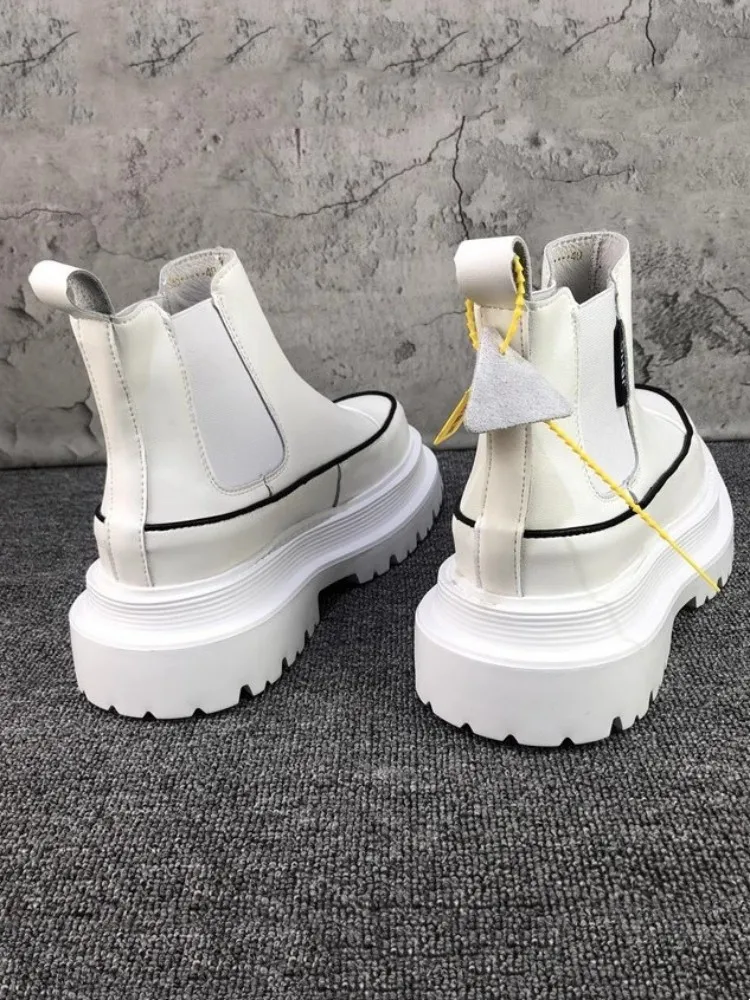 Sepatu bot kulit asli Hip Hop pria, sneaker atasan tinggi kasual musim semi musim gugur, Slip On, dasar tebal penambah tinggi