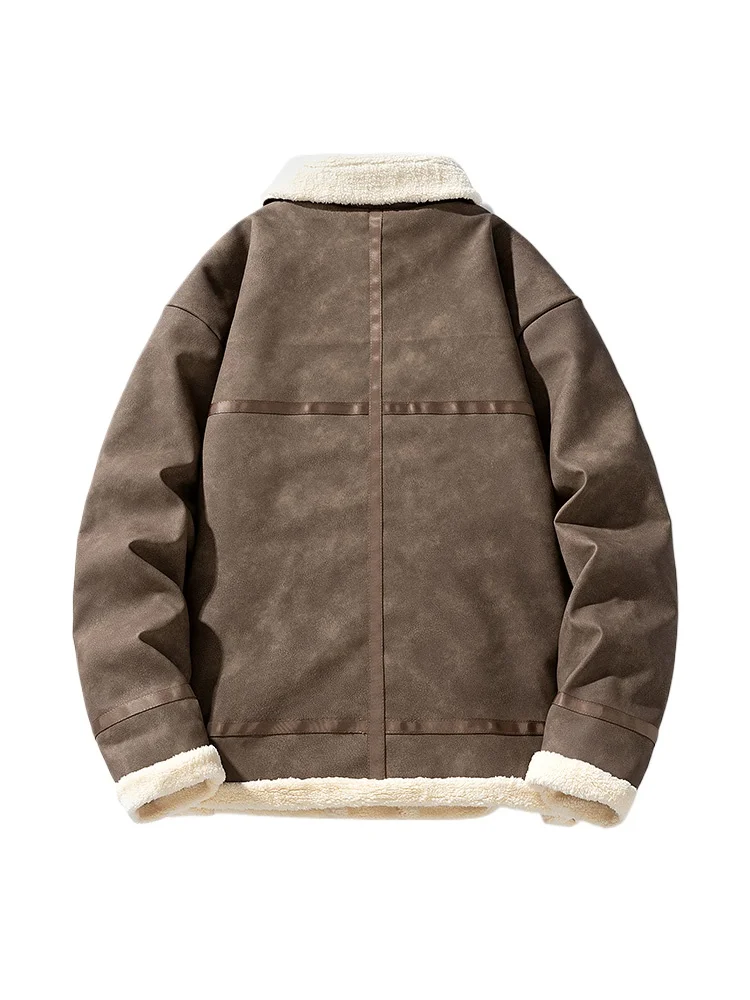 سترة جلدية كلاسيكية للرجال معطف شتوي من صوف الضأن للنساء سترة عصرية للدراجات النارية بتصميم كلاسيكي كاجوال باللون البني الأمريكي #2