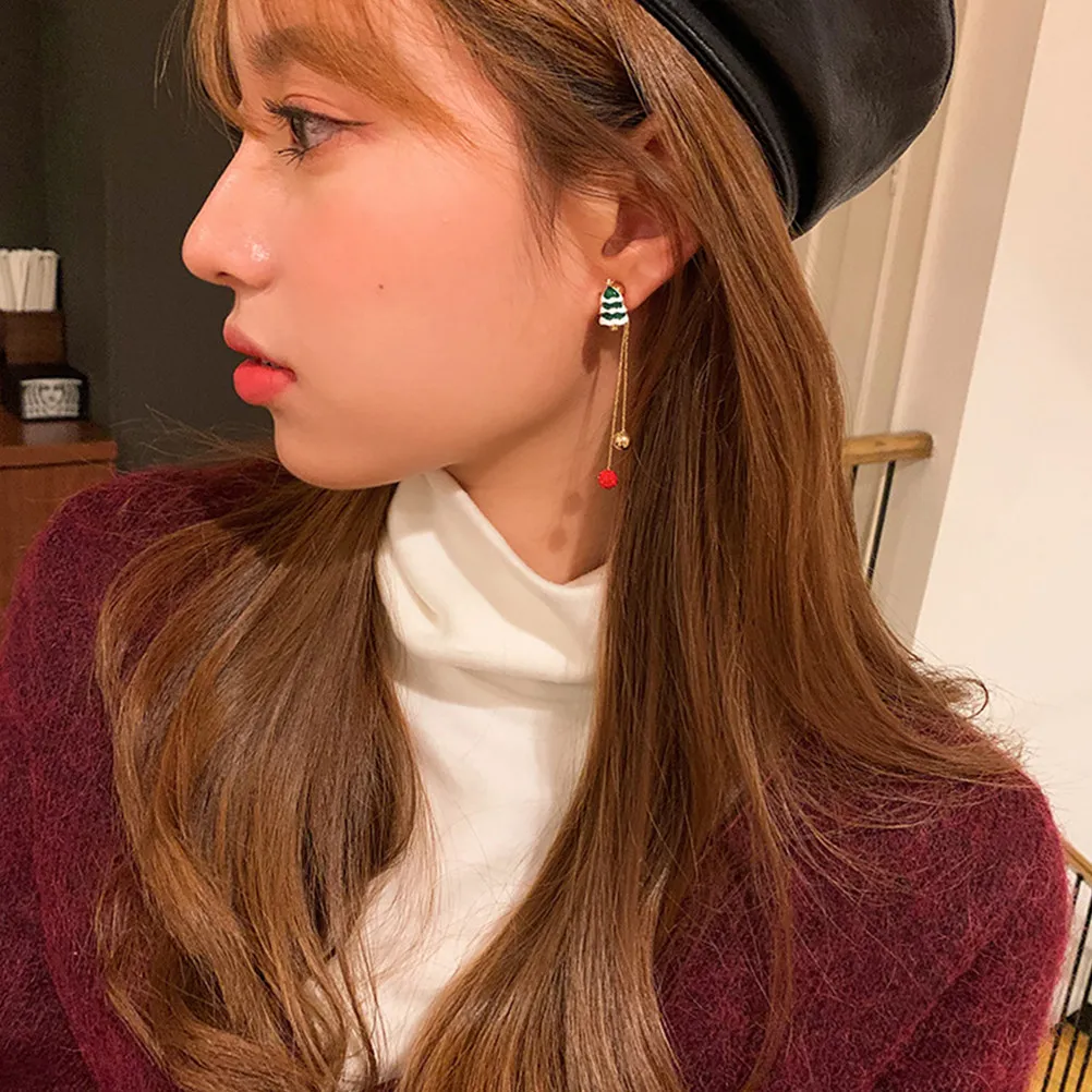 1Pair Christmas Asymmetric Earrings Dangle Tassel Drop Long Chain Design Santa Tree Earrings for Women Holiday Party Jewelry