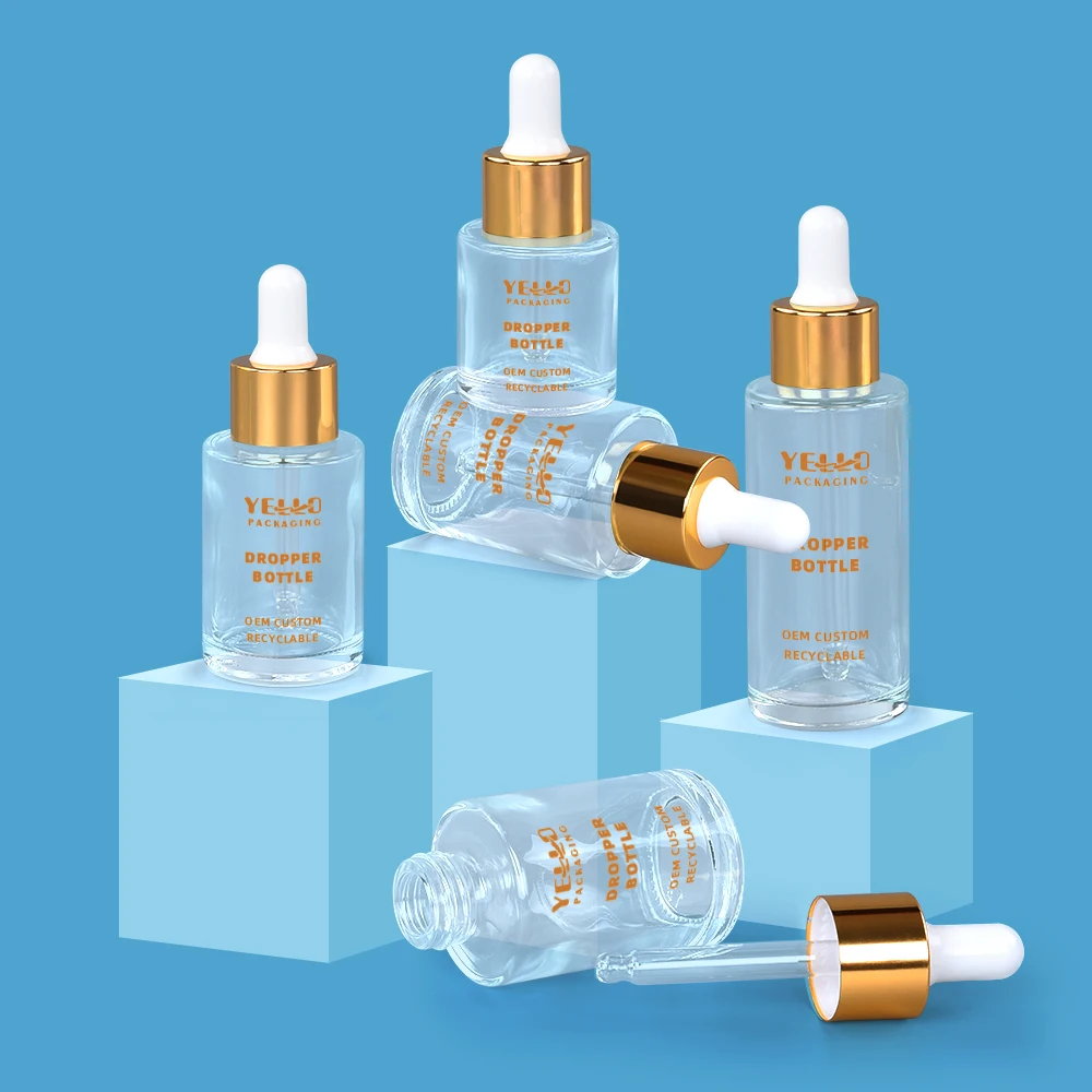 

Empty Round Amber Glass Cosmetic Dropper Bottle Custom Printed Frosted Clear Glass Essential Oil Dropper Bottles With Gold Cap