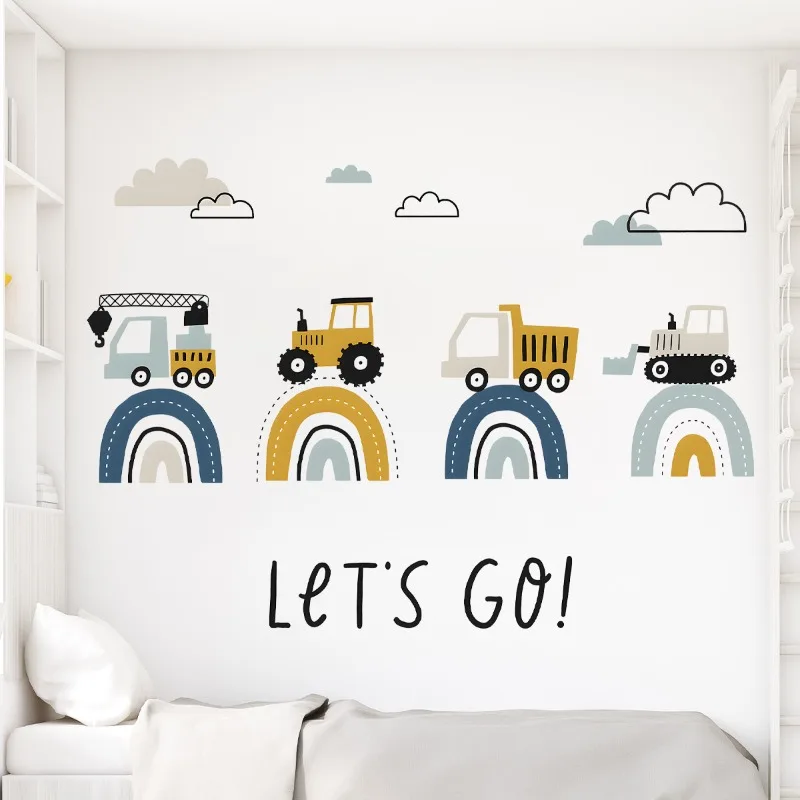Cartoon INS Cute Engineering Vehicle Road Rainbow Wall Sticker for Kids Room Kindergarten Decor