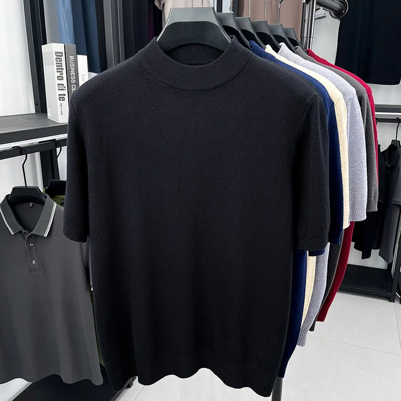 Herren Einfarbige Mock-Neck Kurzarm-Strick-T-Shirts Lässige Basis-Oberteile Weich Dehnbar Knitterfrei Für Alle Jahreszeiten Geeignet – Detail 24