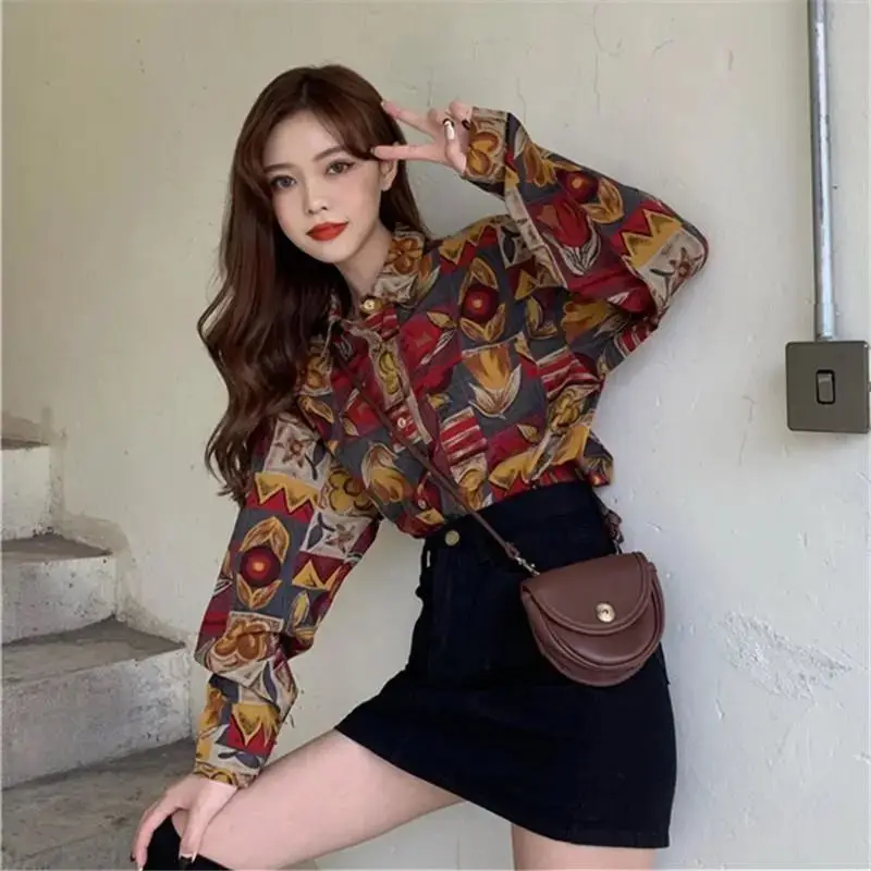 Spring Autumn Blouses Printing Shirts Ladies Streetwear Tops Turn-down Collar New Interior Lapping Fashion Women\'s Clothing