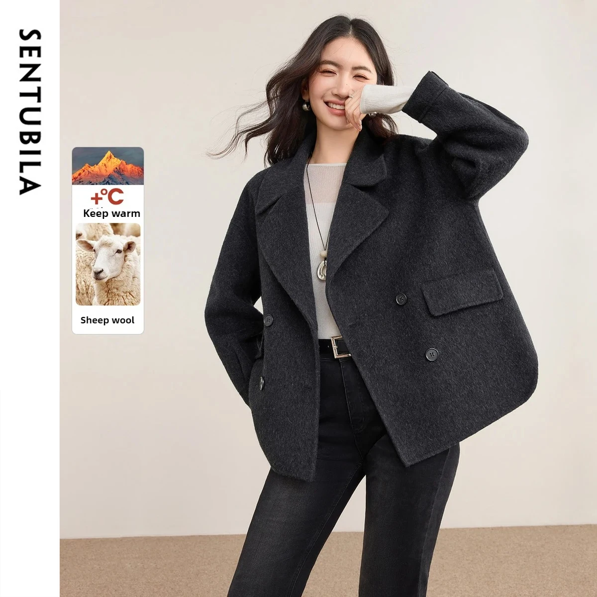 

SENTUBILA Women's Double Faced Woolen Coat 2025 Winter British Style Double-Breasted Loose Fit Warm Commute Overcoat W54OC8775