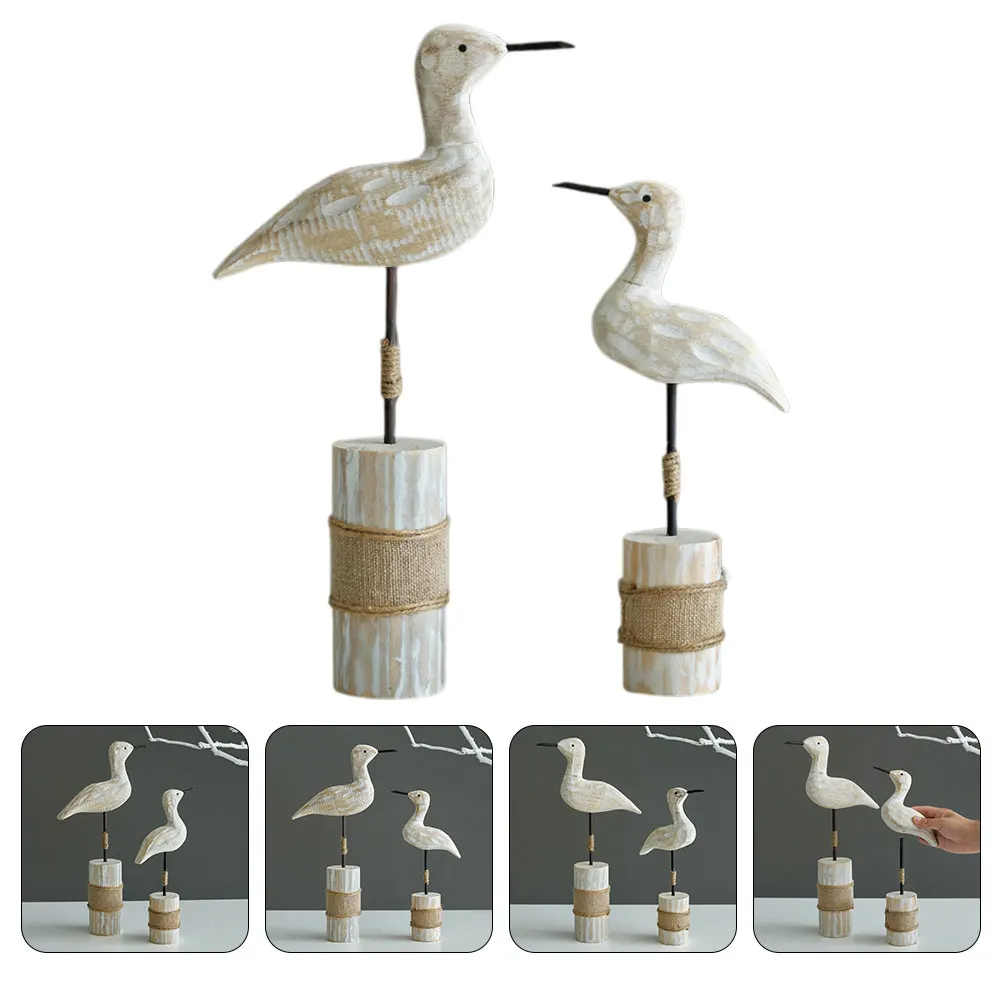 

2 Pcs Seabird Ornament Beach Decor Decorate for Home Pine Wood Decorations Coastal Lake House Tabletop