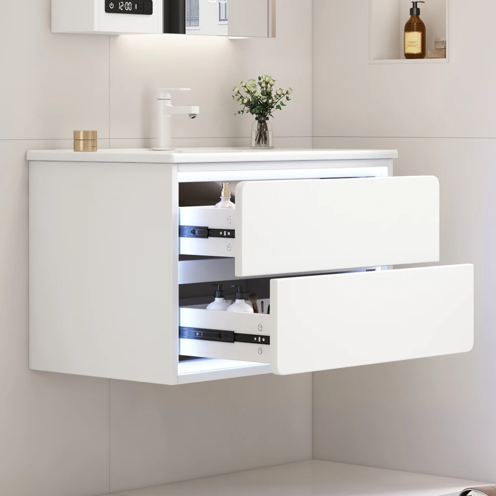 Wandmontierter Badezimmerschrank mit Vollverkleidung, Moderner Schwebender Aufbewahrungsschrank mit LED-Beleuchtung, Leiser Soft-Close-Funktion und Integriertem Waschbecken