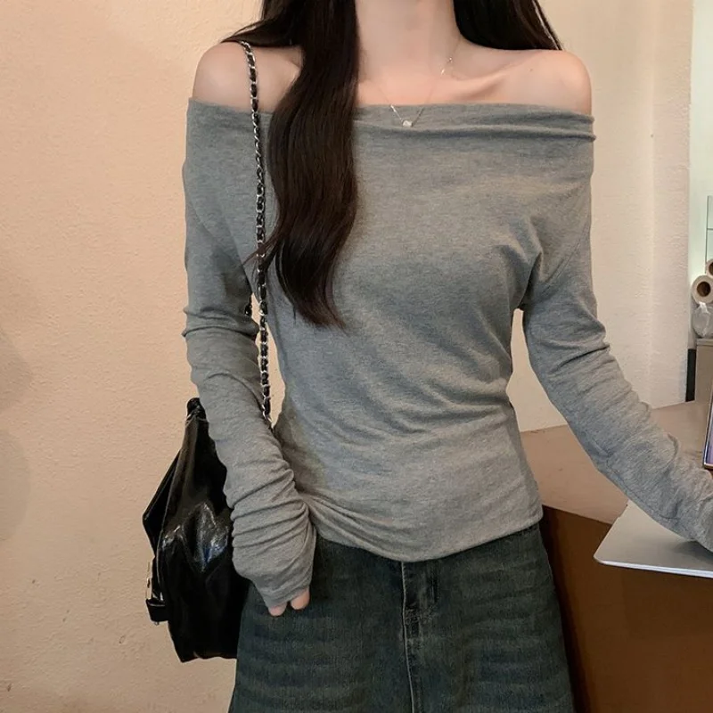 Women 2026 New Spring Autumn Thin Slim Fit Solid Color Draped Neck Top Girls Versatile Daily Wear Base Layer Blouse