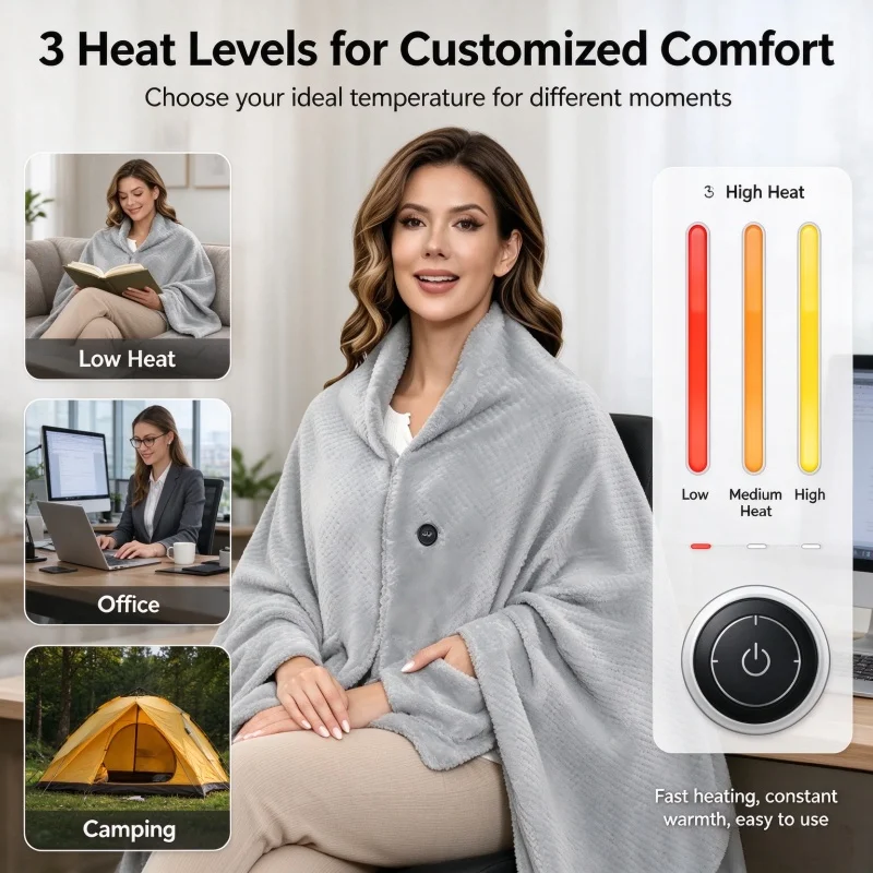 USB Electric Heating Shawl Blanket with Pocket Wearable Electric Blanket | for Home Office Camping - With Portable Power Bank
