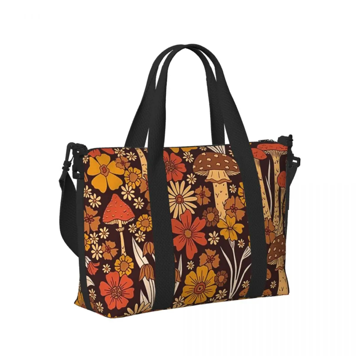 

Retro 1970s Brown And Orange Mushrooms And Flowers Beach Travel Bag Tote Bags for Gym Sport Women Shopping Duffle Shoulder Bag
