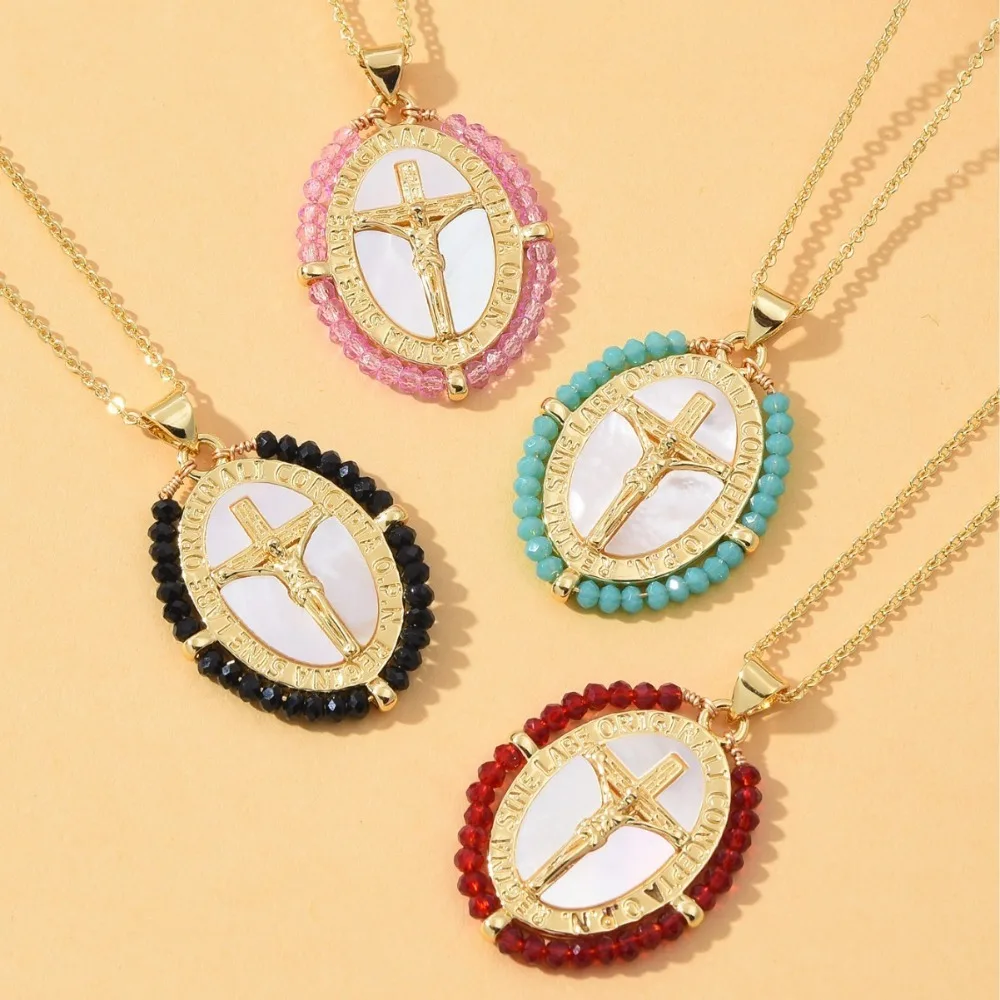 

1 Piece Shell Cross Jesus Pendant for DIY Necklace Jewelry Making Accessories Oval Copper Plated Gold Rice Beads Vintage Charm
