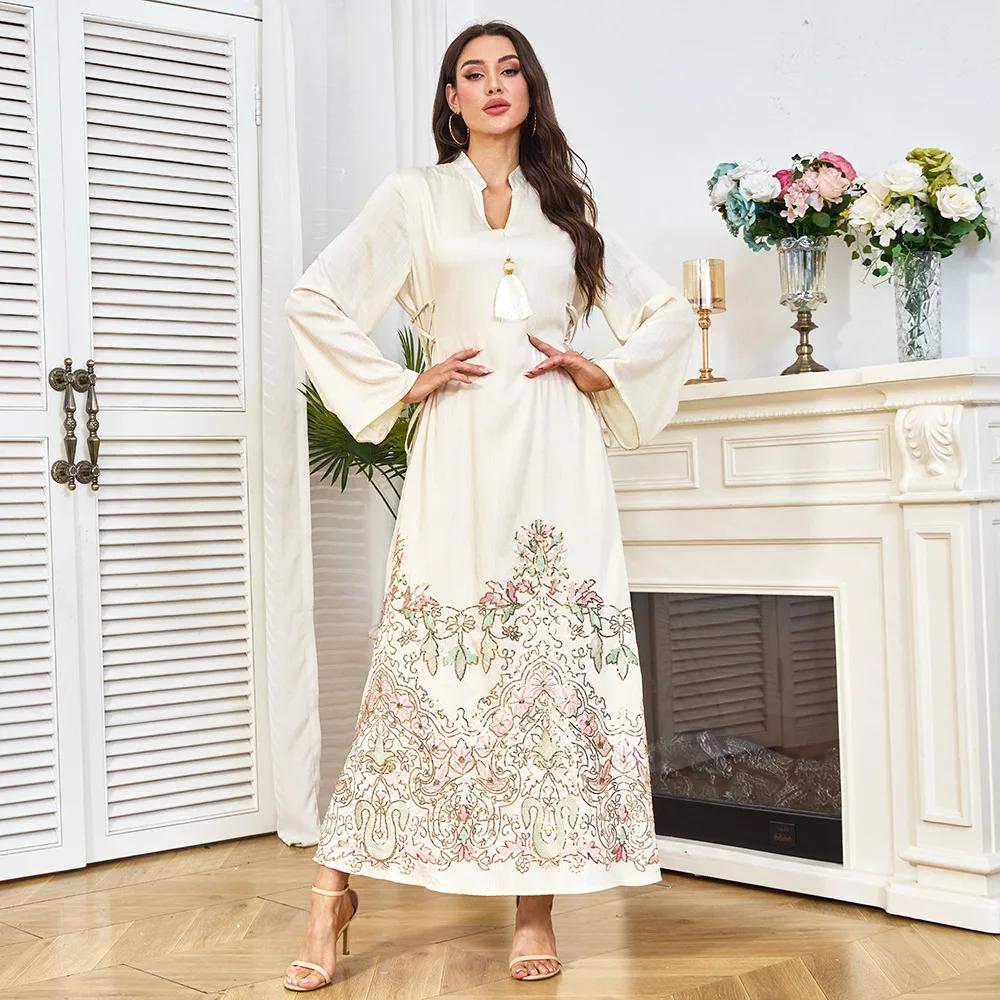 

2025 Autumn New Fashion Muslim Arab Women's Casual Trendy Elegant V-neck Loose Long Sleeve Sashes Sequined Dress Female Clothes