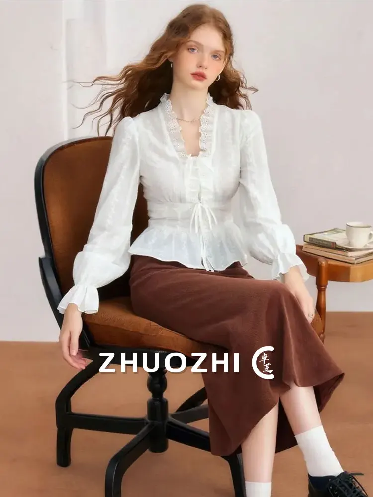 

ZhuoZhi Slimming Waist V-Ne White irt Commute Sle Women's irt Floral Design Long Sve Breathable Comfortable