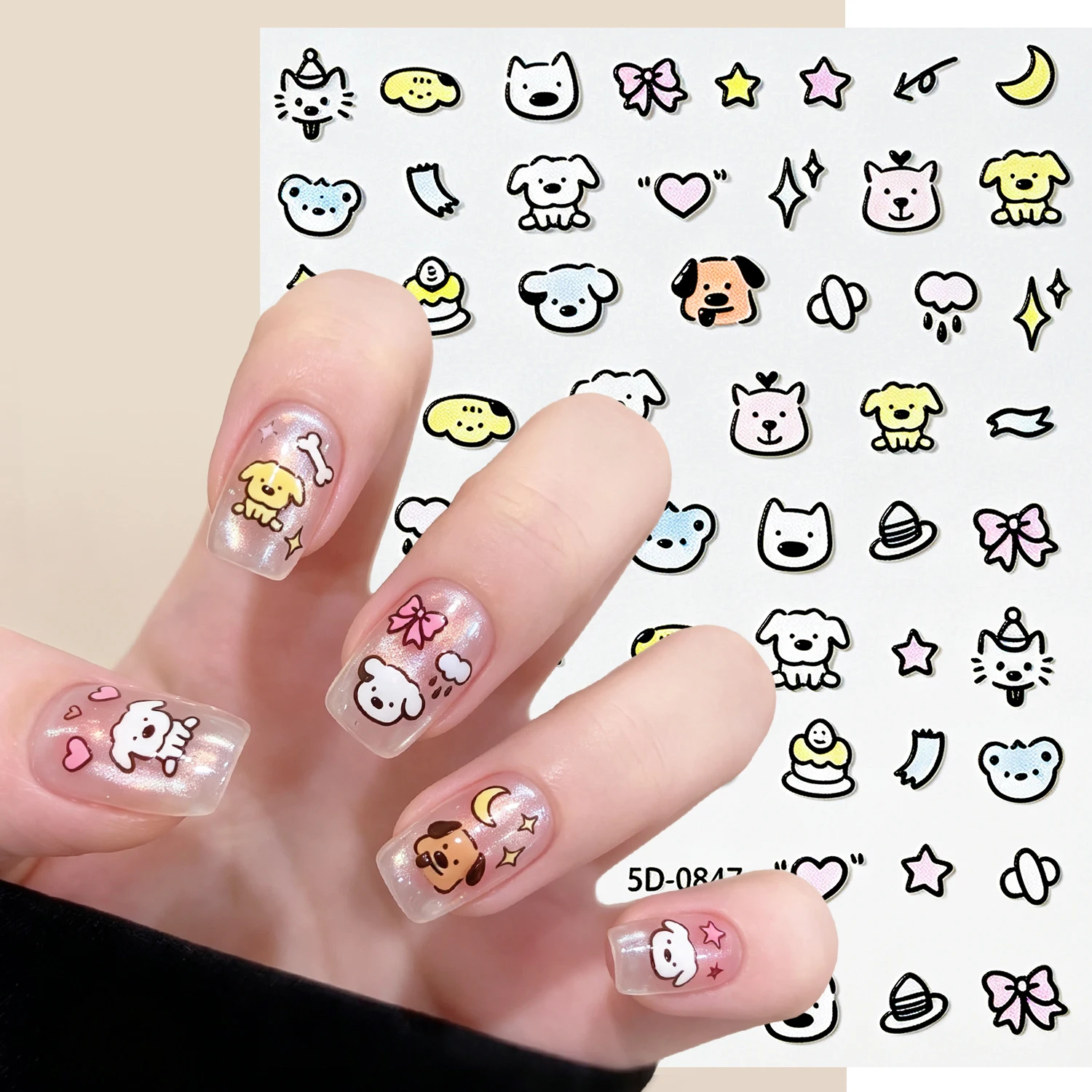 1Pcs Kawaii Cartoon Animal Dog Nail Stickers 5D Black Outline Heart Bow Star Nail Decals Vivid Pattern Nail Decor Daily Manicure