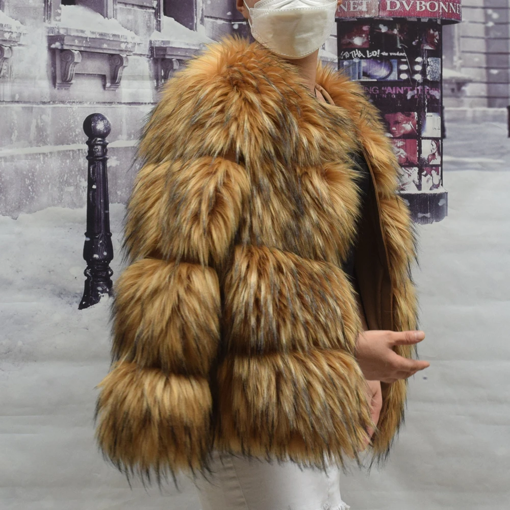 Women's Premium Faux Fox Fur Coat - Winter Luxury Brown | Thick Warm Lining Stand Collar Windproof Plus Size Inclusive Jacket - view 4
