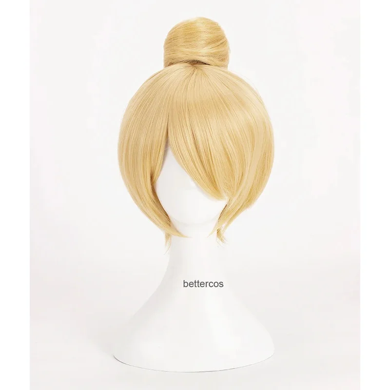 Princess Tinker Bell Tinkerbell Cosplay Wigs Short Blonde Hair With Bun Heat Resistant Synthetic Hair Wig Cap