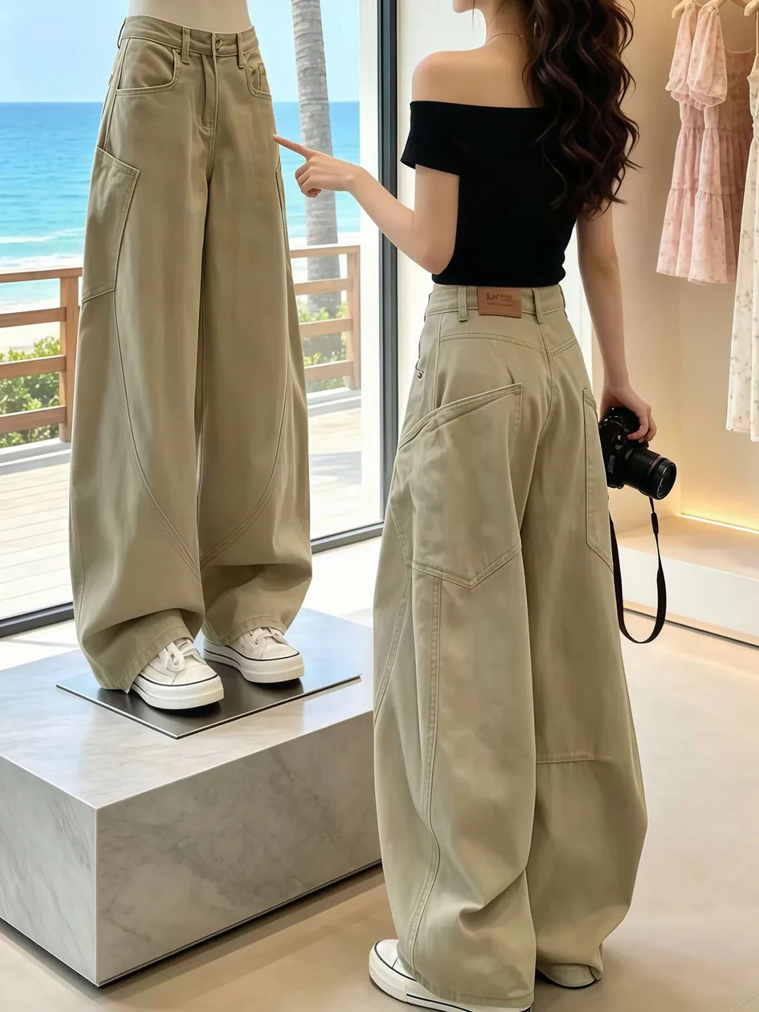 Khaki Wide Leg Knife  Jeans Women's Loose Fit High Waist Denim Pants Autumn 2026 New Style Large Pocket Floor Length