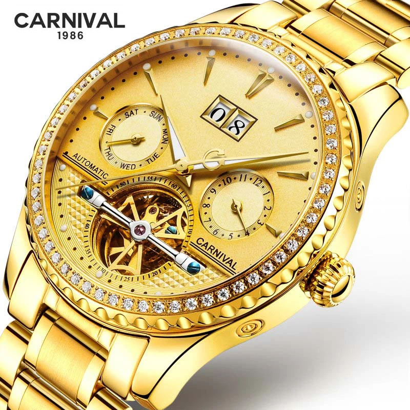 

Carnival Top Brand Fashion Gold Mechanical Watches Mens Stainless Steel Waterproof Luminous Calendar Luxury Tourbillon Watch Men